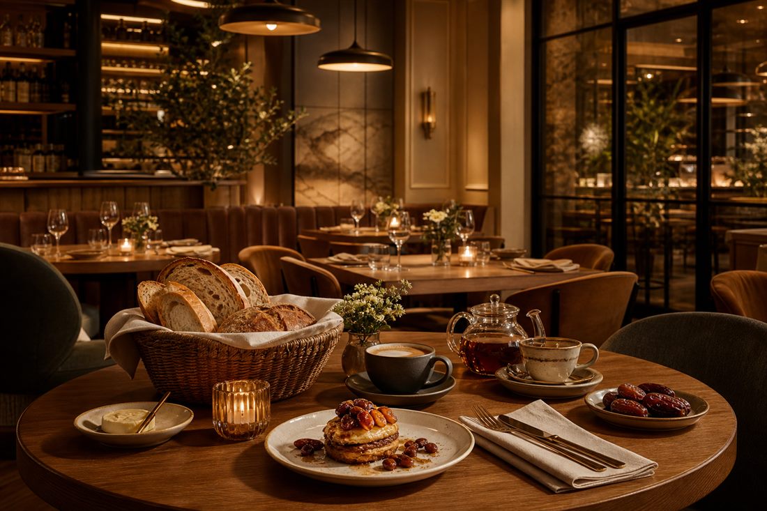 Cafe table with coffee and warm workspace lighting