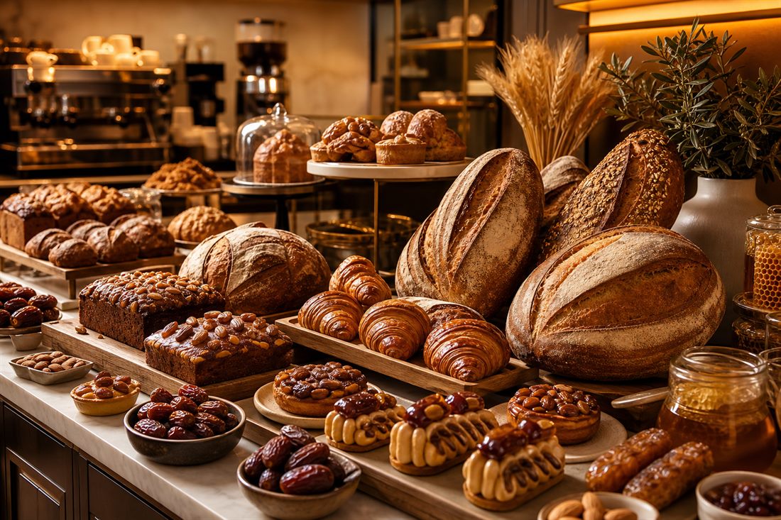 Bakery counter with croissants and date pastries