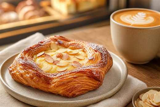Golden almond croissant beside a coffee cup